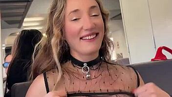 Sheer top nipple play on crowded train flashing pierced nips publicly