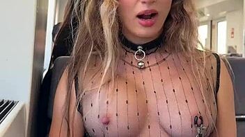 Sheer top nipple play on crowded train flashing pierced nips publicly