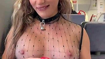 Sheer top nipple play on crowded train flashing pierced nips publicly