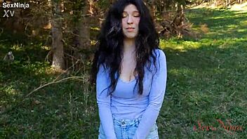 Scared influencer grabs big cock over bear in forest!