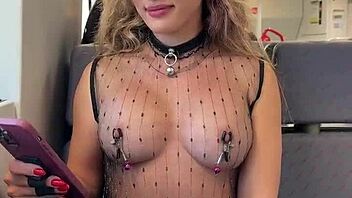 Sheer top nipple play on crowded train flashing pierced nips publicly