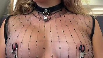 Sheer top nipple play on crowded train flashing pierced nips publicly