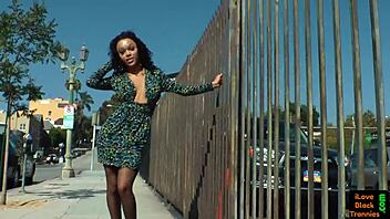 GORGEOUS EBONY TRANNY STROKES PIERCED DICK SOLO!