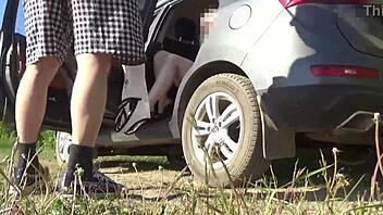 A fan requests intense car fuck with curvy mature blonde