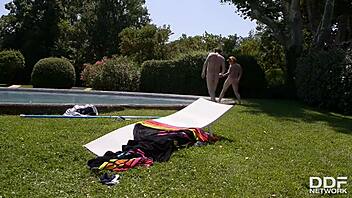 busty redhead lola fauve rides pool boy swallowing huge load
