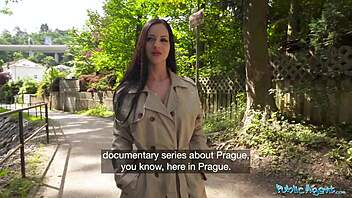 Public agent reveals her hidden big natural tits underneath coat