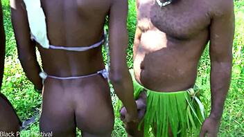 african tribe chief greets visitor in forest outdoor nature setting skinny beauty
