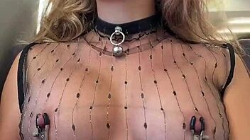 Sheer top nipple play on crowded train flashing pierced nips publicly