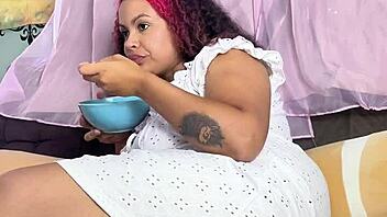 chubby ebony rips massive farts on couch with cereal