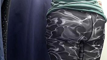 chubby milf's big ass squeezes into tight leggings voyeur closeup