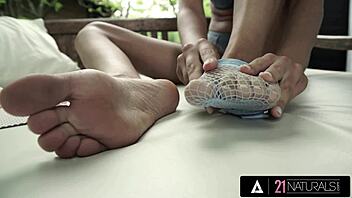blonde babe massages huge cock with soft soles before deep pounding