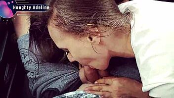 naughty adeline's sloppy car blowjob ends in cum mouthful