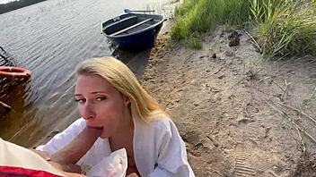 blonde cutie in fishnets risks outdoor blowjob passion
