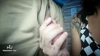 Cute amateur couple enjoys playful ball licking close-up in bedroom