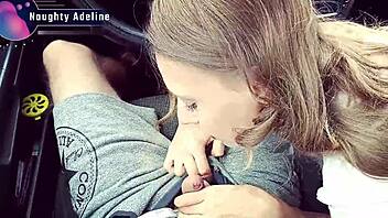 naughty adeline's sloppy car blowjob ends in cum mouthful
