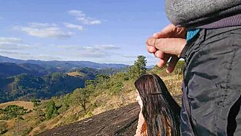 Tour guide flashes cock to tourist on mountain for wild outdoor ride