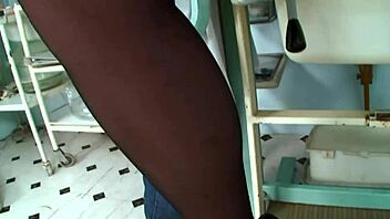 Horny brunette nurse sucks patient's hard cock with perfect tits