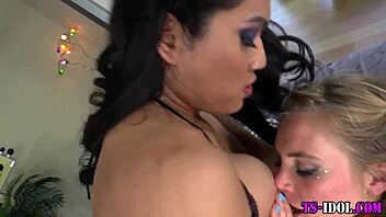 Ladyboy blasts facial on sexy lingerie skank