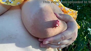 pregnant chubby milf wife milks huge lactating tits outdoors in kinky public show