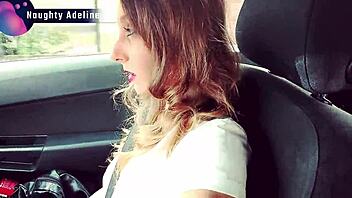 naughty adeline's sloppy car blowjob ends in cum mouthful
