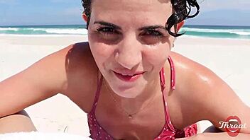 Skinny short hair brunette teen gives beach blowjob deepthroat facial cumshot