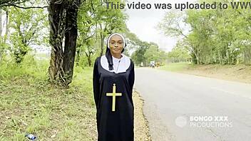 Horny ebony nun ass worshiped then fucked hard