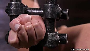 huge tits babe trapped in tight metal bondage 🔒💦