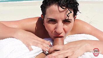 Skinny short hair brunette teen gives beach blowjob deepthroat facial cumshot