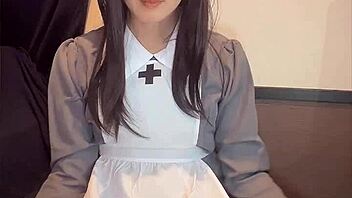 Black-haired nurse ladyboy masturbates quietly in solo crossdressing frenzy!