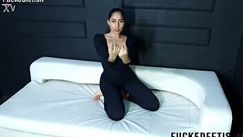 sexy skinny brunette charlot kinks out in tight spandex