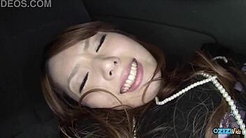 pov teasing your asian girlfriend puffy saggy tits nipples in car before cum
