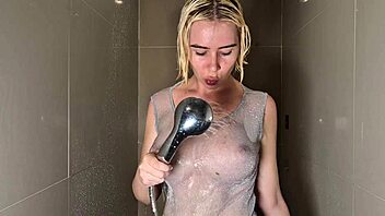 wet shaved blonde pussy begs for your groping touch in shower