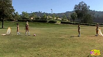 sporty blondes finger and lick in group lesbian fun