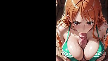 Anime hotties suck big cock then cum on tits and face