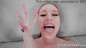 Redhead gags on huge cock deepthroating balls while fingering pussy