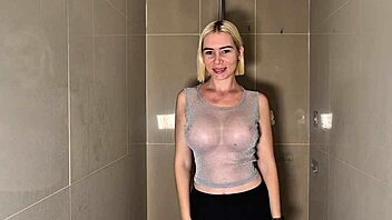 wet shaved blonde pussy begs for your groping touch in shower