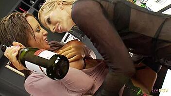 bar lesbians kiss then grind shaved cunts in heels stockings
