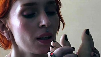 brunette femdom commands redhead slave to deepthroat and worship feet