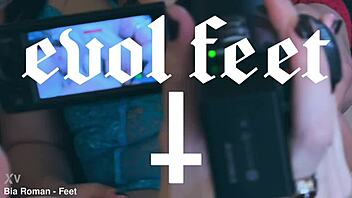 brunette femdom commands redhead slave to deepthroat and worship feet