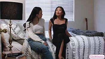 Petite lesbian fingers and licks hairy Asian bestie's pussy