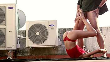 Hot woman in red begs hard rooftop fuck! 🔥😈🏢