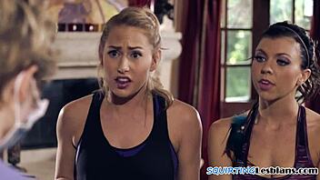 squirting lesbians wildly finger each other post-yoga bliss