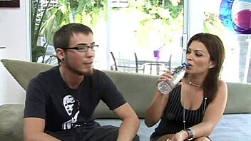 wanna watch brunette milf mommy gag on boy's huge cock?
