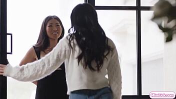 Petite lesbian fingers and licks hairy Asian bestie's pussy