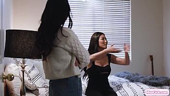 Petite lesbian fingers and licks hairy Asian bestie's pussy