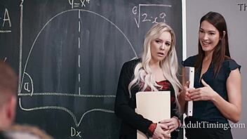 Guy Jerks to Teacher's Chalk Boobs Then Beds Lesbian Duo!