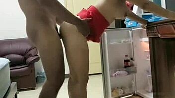 Big tits mature bends for young stud's rough fridge fuck