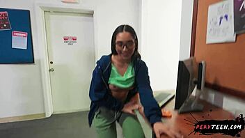 pervteen sneaks deepthroat blowjob under classroom desk publicly
