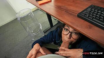 pervteen sneaks deepthroat blowjob under classroom desk publicly