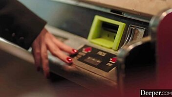 Chanel Camryn worships dom's cock submissively in restaurant, riding deepthroat to facial cum.